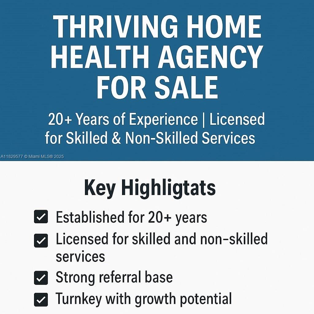 An exceptional opportunity to acquire a well-established and fully licensed home health agency with over 20 years of operational excellence. This agency is licensed for both skilled nursing and non-skilled services, serving a diverse patient population with a strong reputation for compassionate, high-quality care. Located in a high-demand area, the business boasts a robust referral base, well-developed compliance systems, and long-standing relationships with healthcare professionals, hospitals, and insurers. The agency holds all required state and federal licenses and maintains excellent standing with regulatory agencies.
This is a turnkey business ready for transition. Training and support available. NDA required for full details.