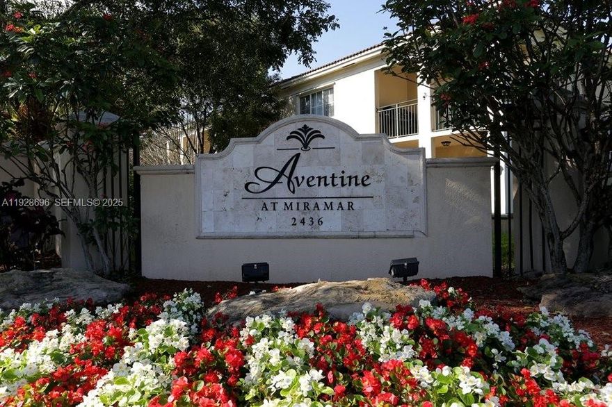 Resort-Style living in this Beautiful Freshly Painted 2/2 unit with garage. Wood and Tile floors throughout the property. Stylish kitchen with granite counter tops. Full size washer and dryer in unit. Community Amenities include 2 pools, hot tub, tennis court, club house, gym, and a jogging path around the entire lake. The HOA maintenance includes Water & Sewer. Aventine is centrally located in the heart of Miramar, minutes from Shopping Centers and Major Highways.