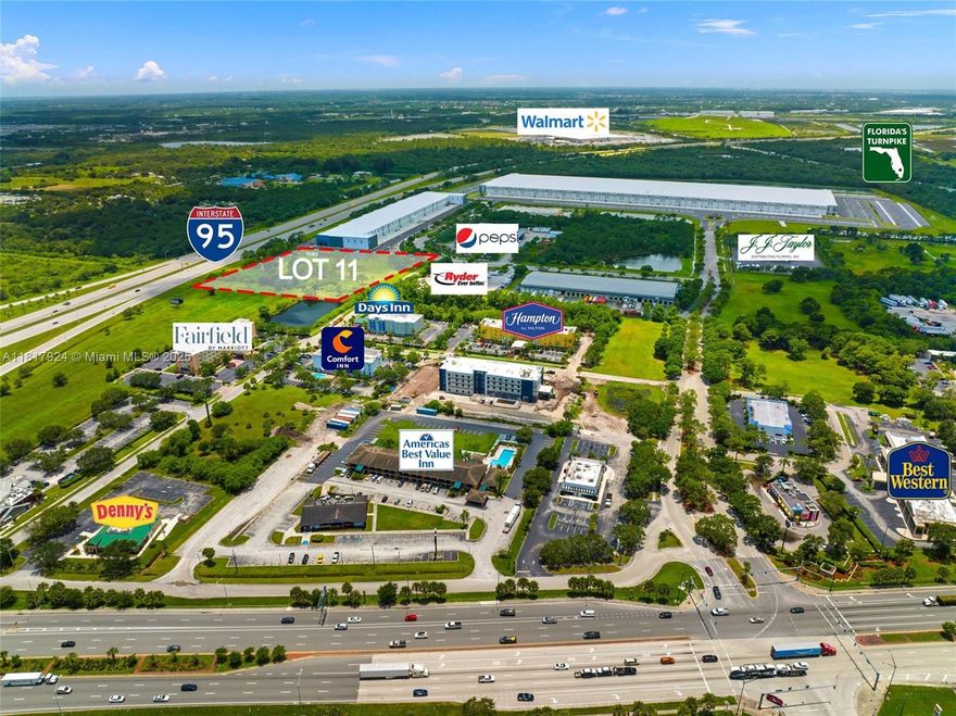 LAST CHANCE TO OWN DIRECTLY ON I-95 AT THE PRESTIGIOUS CROSSROADS PARK OF COMMERCE. LOT #11 IS A 4.85 +/- ACRE PLATTED LOT LOCATED WITH INCREDIBLE VISIBILITY TO I-95. LOCATED BETWEEN I-95 & FL TURNPIKE WITH IMMEDIATE ACCESS TO BOTH ROAD SYSTEMS WITHIN ONE LESS THAN ONE MILE.DUAL INGRESS AND EGRESS. PINNACLE LOCATION WITHIN A TWO-HOUR DRIVE TO OVER 75% OF THE STATE'S POPULATION. SUPERIOR LOCATION FOR DISTRIBUTION. CLOSE PROXIMITY TO NEW AMAZON DISTRIBUTION FACILITY & WALMART'S LARGEST DISTRIBUTION HUB IN THE SE. US. MAJOR TENANTS INCLUDE: PEPSI COLA, RYDER TRUCK, J.J. TAYLOR BEER DISTRIBUTION, & MANY MORE REGIONAL- LOCAL TENANTS. OVER 100' OF ROAD SYSTEM (2 LANES IN-2 LANES OUT) TO ACCOMIDATE DOUBBLE TANDEM TRACTOR TRAILERS. DESIGNATED FOREIGN TRADE ZONE. PRIME SITE FOR OUTSIDE STORAGE.