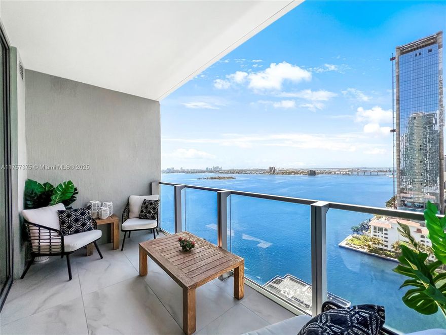 LOWEST PRICED UNIT IN THE 08 LINE. Views of Biscayne Bay & Edgewater through floor-to-ceiling windows & doors. This fabulous 1 bedroom + den w/2 bathrooms includes 1 parking spot, private elevator w/foyer, spacious balconies, & Miele appliances. Building amenities are among the best in Edgewater w/concierge; security; valet; 2 tennis courts; basketball; dog park; Gorgeous Beach Club w/2 pool decks & cabanas, day beds, chaise lounges, & summer kitchens; spa w/ treatment rooms, locker rooms, sauna, & stream room; fitness center; library; theatre; pool tables; business center, & bay-walk! Balconies currently under construction. Unit is rented until March 2026 (Negotiable).