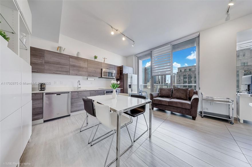 Open-concept floor plan in this loft-style residence with no partitioned bedroom walls, polished concrete floors, 10-foot high ceilings, open kitchen with stainless steel appliances,Italian cabinetry, full bathroom with shower/bath in one, built walk-in closet, in-unit full-size washer and dryer, floor-to-ceiling impact windows, and a private balcony. Full amenity building with state-of-the-art fitness center, sauna, steam room, a lounge for business and entertainment, rooftop pool with panoramic 360-degree views of Miami Downtown, cafe and restaurants in the building's ground level next to the Lobby. Valet available at a monthly charge of $350 per car. Short-term flexible rentals ideal for investo