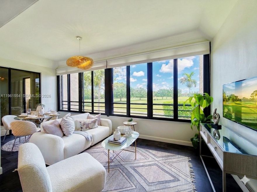 Spacious1,526 SF fully expanded and updated. 2BR/2BA condo in desirable La Paz at Boca Pointe with golf course views and ideal eastern exposure. Impact windows throughout and all plumbing replaced. Features laminate flooring, open-concept kitchen with quartz countertops, modern cabinetry, and stainless steel appliances. Primary suite offers walk-in closet with custom built-ins and renovated bath with subway tile, separate tub and shower. Second bedroom includes custom closet and access to updated guest bath with walk-in shower. Newer front-loading washer/dryer. La Paz offers two pools, two tennis courts, and a clubhouse. Per county permits, actual living area is approximately 1,526 SF. Tax records reflect 1,323