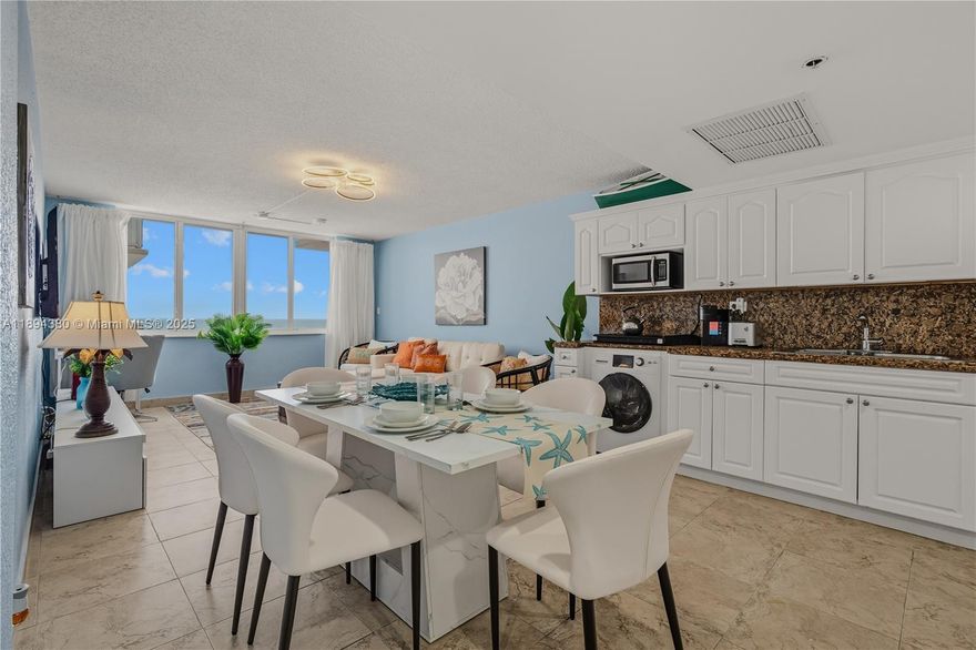 Wake up to oceanfront sunrises from this luminous, fully renovated corner condo in the heart of Sunny Isles Beach! Perfect for seasonal or executive stays — furnished, turnkey, & steps to the sand. Enjoy breakfast or dinner overlooking the ocean & sunrise from this beautifully styled unit right off the elevator. Features a spacious layout w/ a separate bedroom offering two queen beds, walk-in closet, washer/dryer, & large bathroom w/ shower & tub. The kitchen includes an electric range & mid-size oven/air fryer. Approx. 680 sq ft of living area. Enjoy valet parking for one vehicle. Resort-style amenities available seasonally or annually. Prime location off I-95 & SR-856, 8 min to Aventura Mall & 30 min to Fort Lauderdale Airport. Close to Downtown — work & enjoy the Sunny Isles lifestyle!