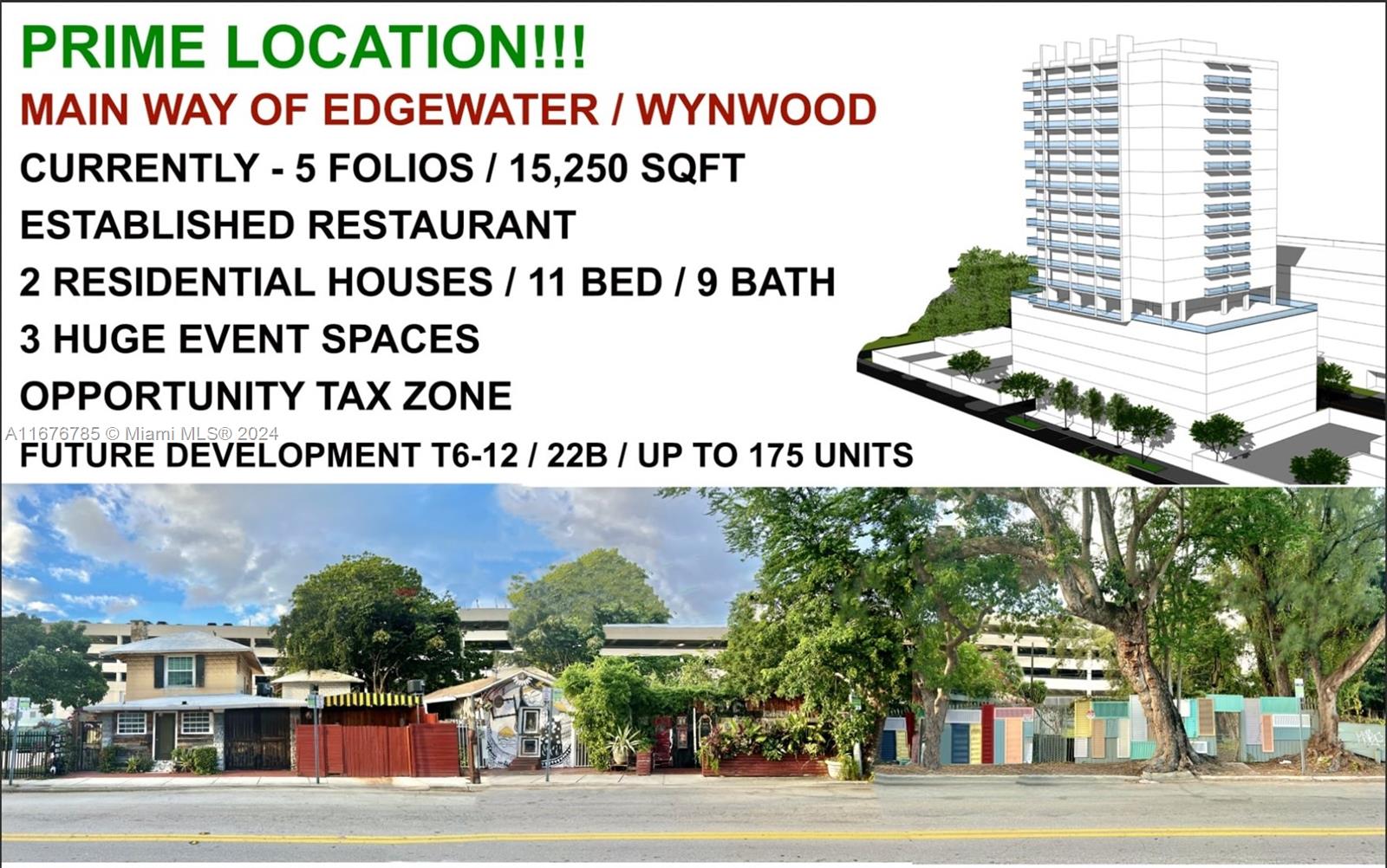 Unlock prime investment potential with this mixed-use property portfolio in Miami. It includes both residential and commercial spaces, making it ideal for investors and developers. List: Two single-family houses, A commercial tenant occupies "Boho House," a well-known bar and music venue. Opportunities: Additional fully built-out com. spaces for more income. Mixed-Use Opportunity: Five prime addresses in Miami's Opportunity Zone. Additional Perks: Valuable $500,000 liquor license and Catering license Opportunity Zone with tax benefits Location: In the Restricted Commercial zone. Near proposed Metro Mover extension station. Access to OMNI CRA and potential for 172 residential units. Current zoning allows for T6-12 Utilize a 10% waiver for a 27’ side setback instead of 30’