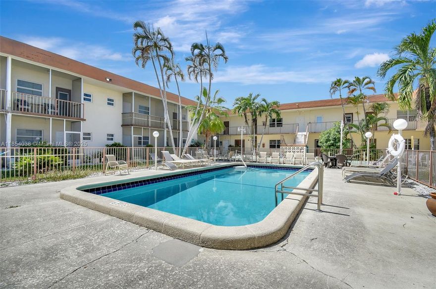 FURNISHED TURNKEY condo located on the 2ND floor in a great location in Hallandale Beach. The kitchen was updated a few years ago with new cabinets, appliances and countertops. This 2 bed/2 bath has impact windows throughout, ceramic tile flooring and an enclosed back patio area. Newer AC and water heater. The primary bedroom has it's own private bathroom and plenty of closet space. Parking spot is located right next the condo. Small building, only 2 stories and laundry room is on the second floor. Building has a pool in the middle courtyard area and you have access to it from your ground floor balcony, a sitting area, BBQs, shuffleboard, etc. Great location close to the beach, Gulfstream, Aventura mall, Ft Laud. Int. Airport, restaurants, shopping and more.