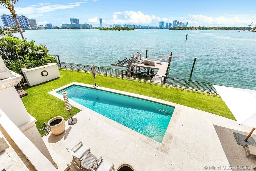 Magnificent 7 bedroom 7.5 bath new transitional style waterfront home located on highly sought after SE tip of Dilido Island. Warm sunrise views, as well as sunset & downtown Miami views from private dock with boat lift & separate large slip. Traditional exterior combined with a modern transitional interior built from the highest quality materials. Beautiful Hartman solid mahogany hurricane-rated doors and windows. Highest quality cabinetry, with wood & limestone floors throughout. Designer kitchen open to dining area & family room with waterfront views. Spacious bedrooms all with individually designer en-suite baths. Lush tropical landscaped yard with fully mature king palms. Pool & full-house generator. A must see for anyone who cherishes both traditional or modern homes!