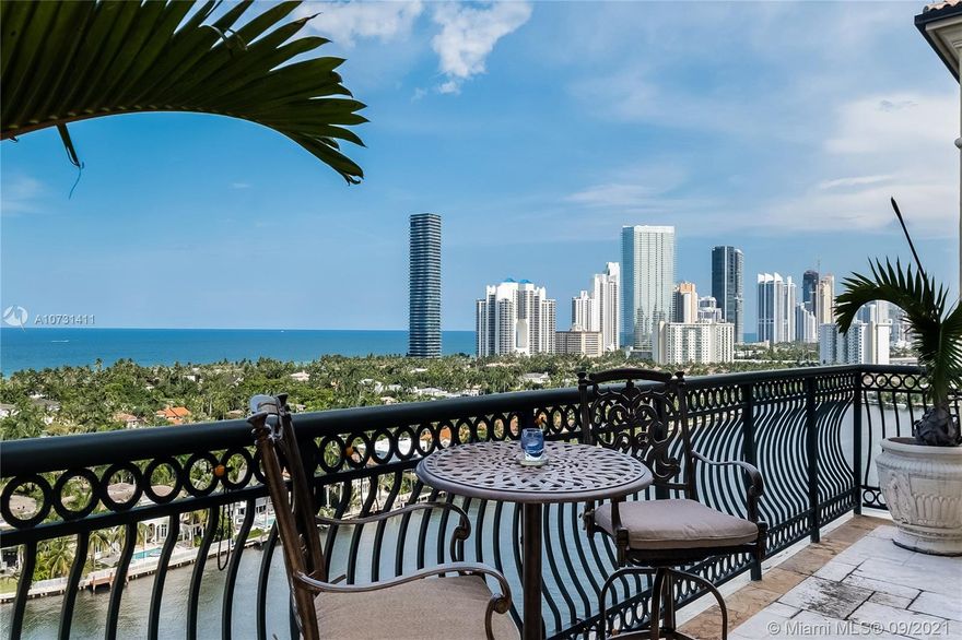 A true mansion in the sky with mesmerizing Intracoastal and ocean views! Impeccable craftsmanship and top of the line finishes characterize this 9,600sf luxurious 2-story PH atop of a mid rise boutique condo in Porto Vita. A private elevator leads directly into a dramatic entrance gallery with extraordinary areas of living space offering 5 en-suite bdrms, a formal living, 2 dining rooms, office, media, gourmet kitchen, powder & maid qrtrs. Marble/hardwood flrs throughout. All these offerings lead to an expansive 2,357sf outdoor lounge area creating a private oasis. Featured on the 2nd fl is the master suite w/his and hers bathrooms, walk in custom closets and an intimate outdoor courtyard. Sound system and electric shades throughout. Porto Vita is the most exclusive community in Aventura.