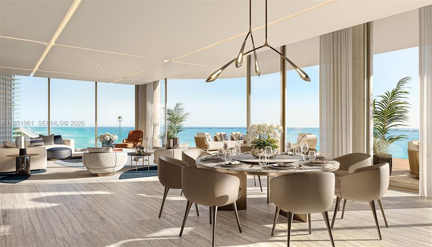 St Regis Residence Sunny Isles Beach - North Tower Collection. Introducing Residence #2091, a NE Corner 3Beds + Den + 5.5 Baths with approx. 60- feet of oceanfront terrace. Delivered fully furnished with indoor/outdoor flooring. Italian kitchen by Molteni&C Dada with Gaggenau appliances, closets by Omare in all secondary bedrooms and travertine marble primary bathroom. Spacious utility and laundry room with full bathroom , washer/dryer and sink. Ideally situated on 435 linear feet of oceanfront and nearly 5 acres, this pre-construction project will offer a Beach Club with over 70,000 SF of amenities several pools, multiple dining and entertainment areas, and this signature St. Regis Butler service.
