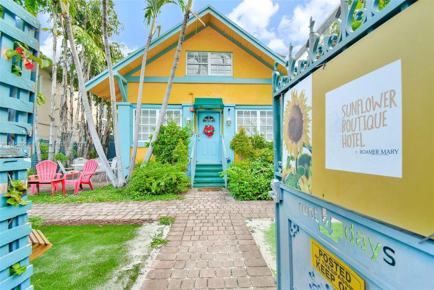 One of a kind amazing opportunity for investors!!! Sunflower Hotel. Iconic high rate occupancy in South Beach Hotel. This boutique Hotel has 5 units. Unit (1) 4 bed/3 bath + kitchen. Unit (2) 4 bed/2 bath + kitchen. Unit (3)
1 bed/1 bath + kitchen. Unit (4) 1 bed/1 bath. Unit (5) studio + kitchenette. Possible expansion of footprint 
(subject to city approvals). 4 parking spaces + stickers to park in the street. The accomodations can provide catering and be used as an event rental by renting the complete Hotel as a villa.