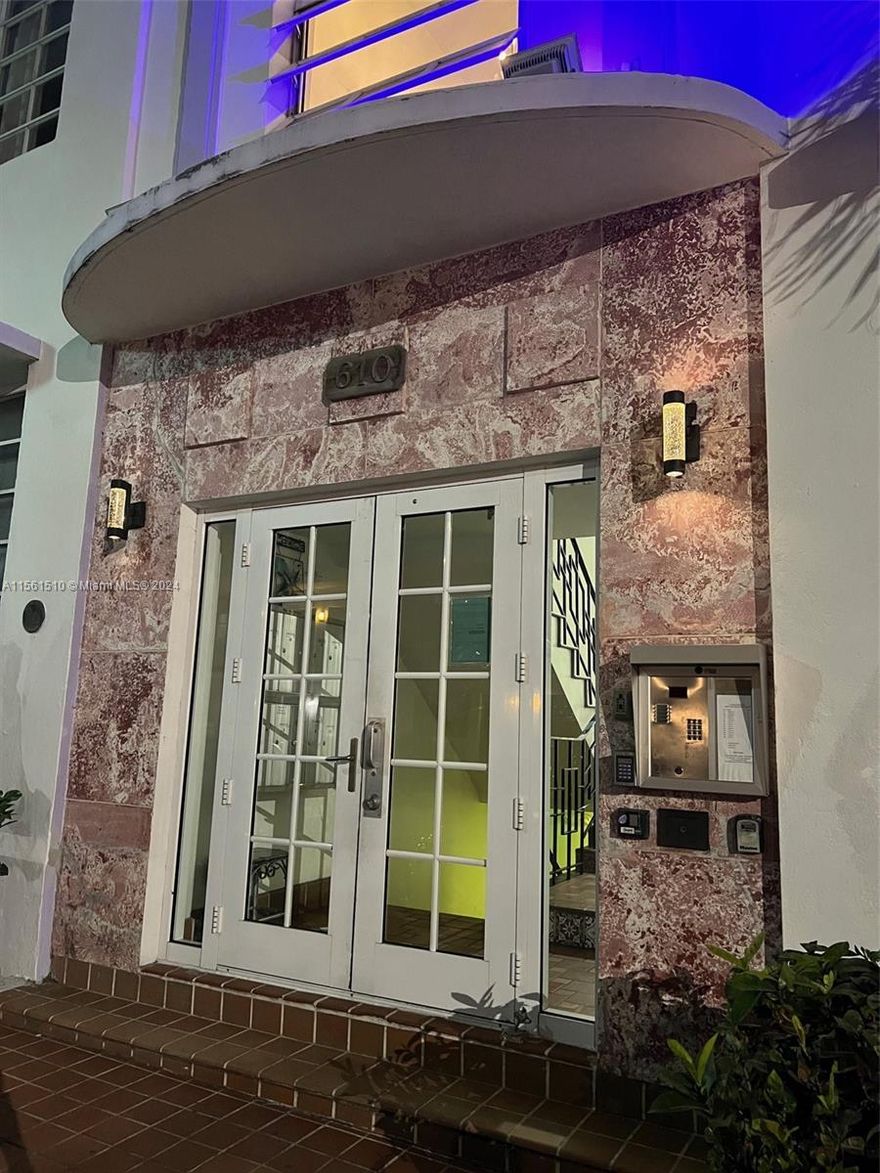 Spacious, charming 1bed CORNER unit at only 3 blocks from the beach, restaurants and local stores ideally located in the heart of South Beach. Wonderful light all hours of the day from surrounding corner windows and vintage details such as this hand embossed fire place. Brazilian Cherry wood floor and terracotta tiles in the kitchen. Tank-less Water heater installed. Can be rented right away.