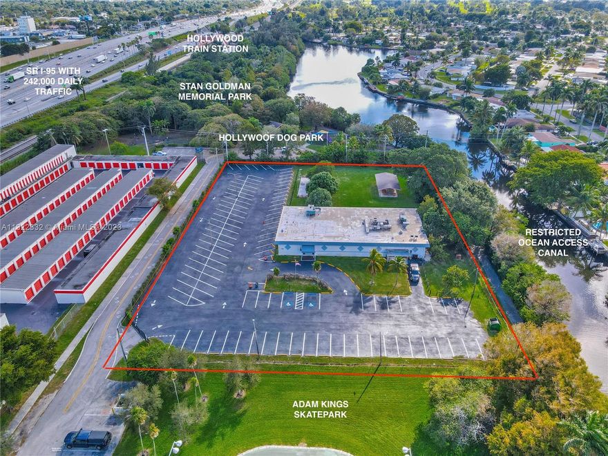 SELLER FINANCING AVAILABLE - This property in Hollywood, Florida, presents a great investment opportunity in a FAST developing city. It is located within one of the city’s ten C-4 Medium/High-Intensity Commercial districts and is the only one with ocean-access canal frontage. The zoning permits various businesses, such as hotels, offices, clinics, schools, places of worship, retail spaces, personal services, pawnshops, and automotive sales and repair. The zoning building specifications allow for a maximum height of 175 feet, 1,486,734 square feet of built area, 17 stories, a footprint of 87,454 square feet, and up to 36 units per acre. Additionally, the property has excellent visibility, with a daily traffic count of 242,000 on I-95, 46,500 on Hollywood Boulevard, and 43,500 on Sheridan St