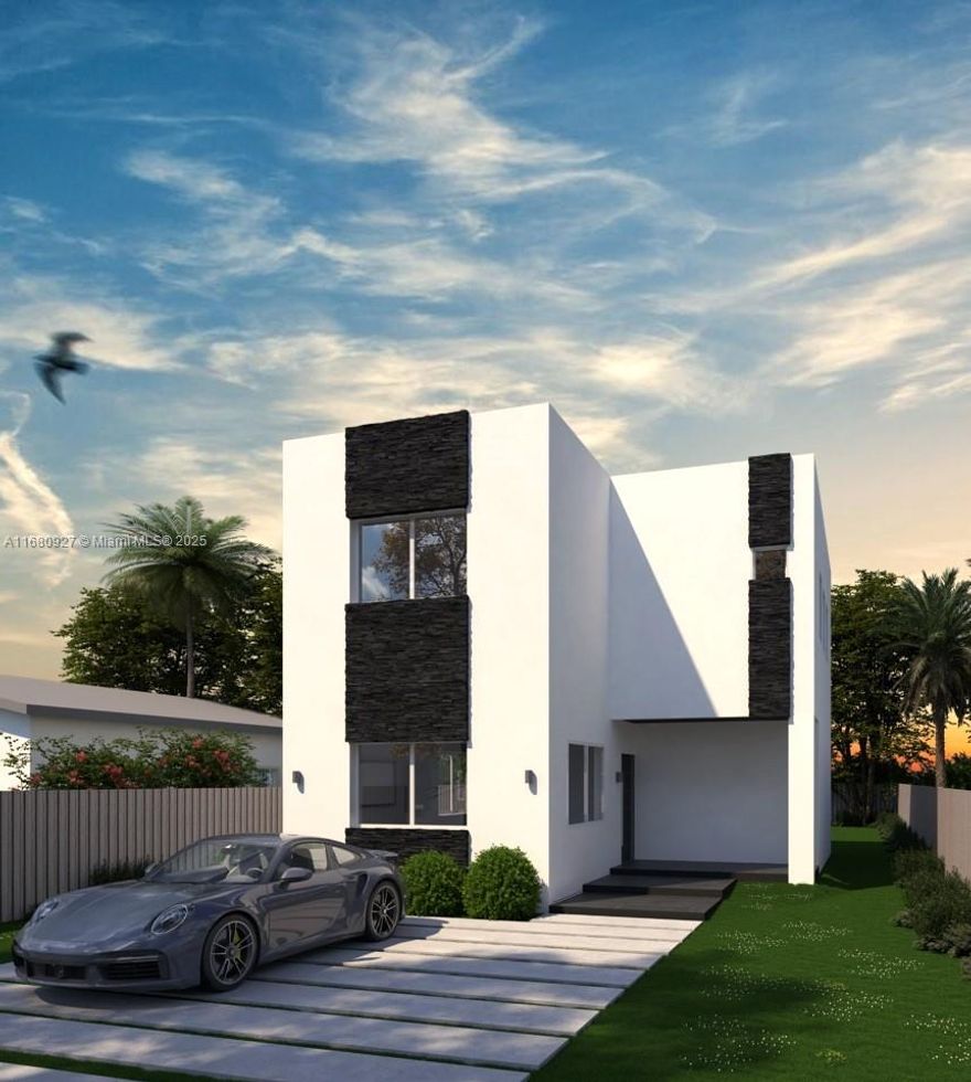 Welcome to this stunning new construction two-story home in Buena Vista Gardens, scheduled for completion in 2025. Featuring 2 bedrooms and 2.5 baths, this thoughtfully designed residence boasts 1,172 sqft of modern living space. The kitchen showcases white quartz countertops with a waterfall edge, a marble backsplash, and high-end appliances. The second-floor bedrooms are complemented by a spacious laundry room and balcony. Outdoors, enjoy a private fenced yard, tiled patio, and a two-car driveway. This is your chance to own a brand-new, beautifully finished home in Miami.