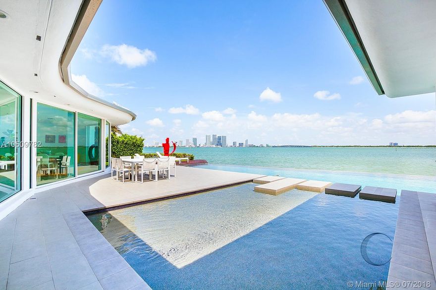 Sleek 1950's MiMo home with modern renovation located on the north west tip of Dilido island with wide bay sunset views. Stunning home with open floor plan, sliding glass doors provides indoor and outdoor living, and each bedroom has private bath & access to outdoor garden areas. Large Master bedroom suite with views of infinity pool and custom outdoor fire pit with built in seating. Home also features media room and den/office. Large three vehicle carport. Large lot allows for additional or future knock and build option. Call today for a tour.