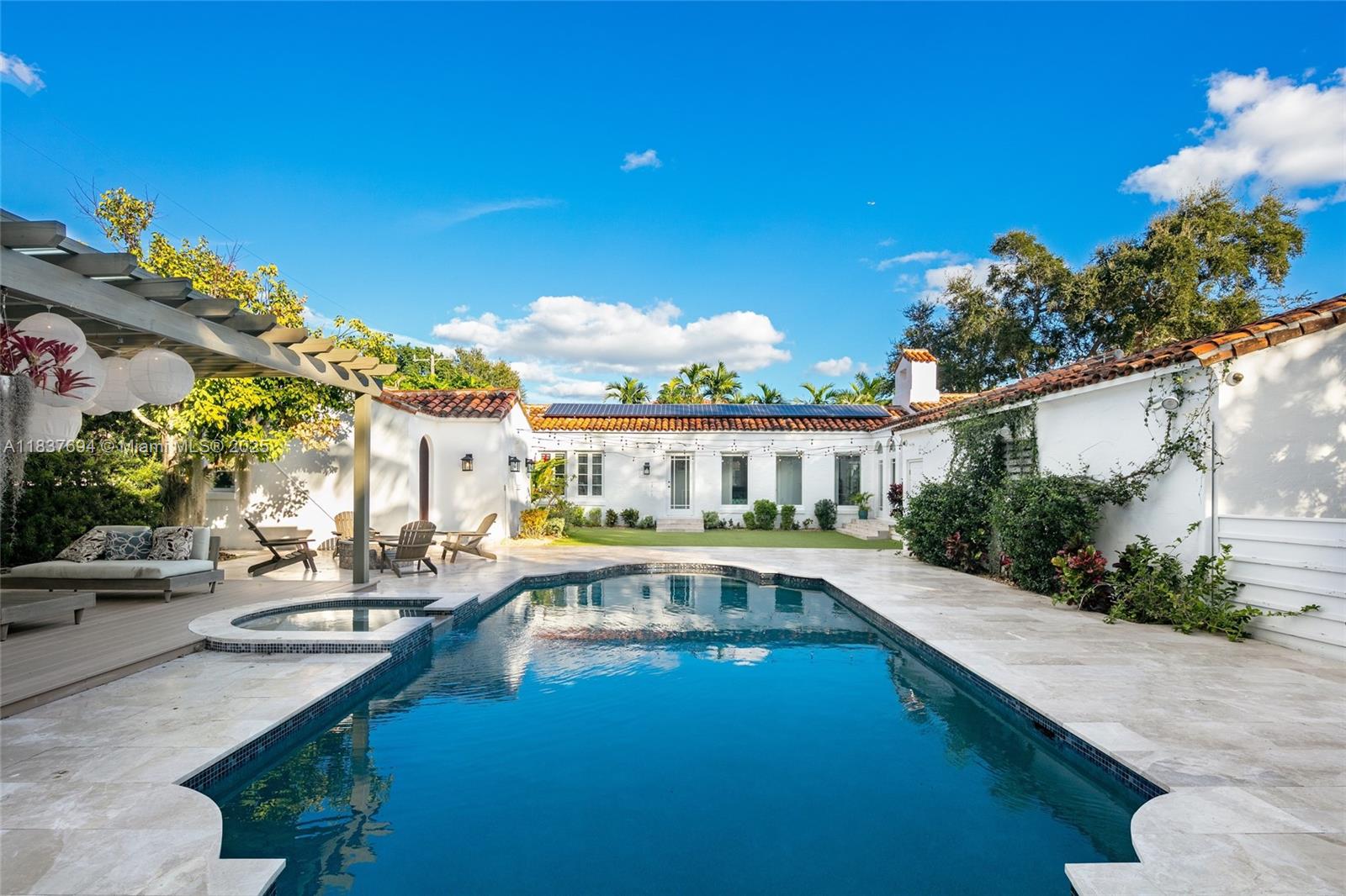 This 1925 Historic Mediterranean style home features 4 bedrooms and 2.5 bathrooms in the main house and 1 bedroom & 1 bathroom in the detached guest house. The entire estate has been fully renovated including new master bathroom, full impact windows & doors, new flooring, new roof, 3 new AC units, Thermador kitchen appliances, brand new pool heater & salt chlorinator w/ child protection pool fence, new covered pergola w/ electricity. Attached is a full-sized 2 car garage with additional room for storage. The property features an oversized fully fenced-in lot showcasing a backyard with a pool, spa, and a pergola covering a porch perfect for entertainment while providing a side yard that is a great play area for the entire family. Available August 1st, 2025.