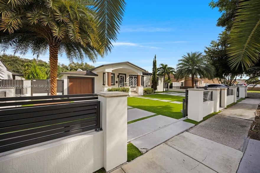 This spectacularly designed home, with a new addition and roof built in 2015, has been completely renovated and features marble floors throughout. A new pool and whirlpool were built in 2022, alongside artificial turf and tile throughout the backyard and front of the property. A spectacular gazebo with an outdoor kitchen, marble top, and bar completes the outdoor space. It features updated bathrooms, an Italian kitchen with high-end appliances, a spacious family room, and a modern outdoor terrace. This stunning, move-in-ready home offers four bedrooms and 3.5 baths. It is centrally located in a quiet neighborhood near A-rated schools and a community park. Additional amenities include an A/C system installed in 2015, hurricane-impact doors and windows, LED lighting, six-car gated driveway.
