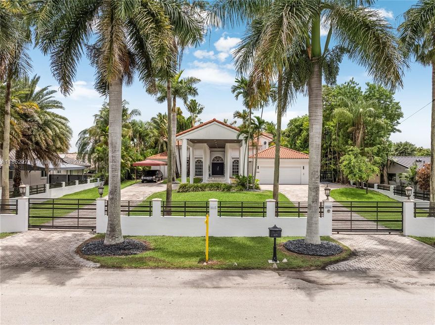 This unique residence is set behind private gates on a spacious 30,492 s/f lot, featuring a stunning circular driveway that leads to a porte-cochere entrance and a 2-car garage. Built on an elevated site, the home offers 6,723 total s/f with 5 bedrooms, 5 bathrooms, and a separate office. Upstairs, you’ll find a Jack & Jill layout and two master bedrooms—both with access to a large shared balcony, perfect for enjoying morning coffee or evening sunsets. Recent updates include a renovated kitchen, new fencing, sprinkler system, and recent tenting. The pool has been newly resurfaced with fresh plaster and includes a jacuzzi for added relaxation. Interior features include elegant Carrera marble floors, grand entrance columns, and a electric generator. Located near top-rated A+ schools.