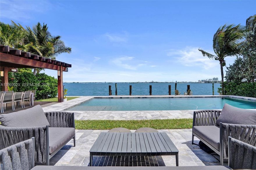 Experience the pinnacle of bayfront living in this meticulously rebuilt 2017 modern residence. Offering 4 bedrooms, 4.5 bathrooms, and a versatile flex space ideal as an office or additional bedroom, this home blends refined design with effortless functionality. Enjoy 84 feet of pristine waterfront with sweeping, unobstructed views of Biscayne Bay, where both sunrise and sunset are breathtaking. No detail was spared, featuring grey limestone and marble floors and a bespoke chef’s kitchen with Sub-Zero and Wolf appliances.
Smart home features include integrated lighting, Sonos sound, electronic blackout shades, and a full-house generator. Gated and lushly landscaped for privacy, the outdoor living is exceptional, with a resort-style pool, summer kitchen, and a custom teak pergola. A private dock enhances the waterfront lifestyle. 
Located in East Miami Shores, a charming golf course community just minutes from the Design District, Wynwood, Bal Harbour, and Miami Beach, this is a rare offering of design, privacy, and premier bayfront living.