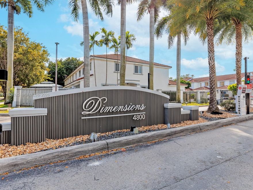 BEAUTIFUL TOWNHOUSE IN DIMENSIONS AT DORAL! GATED COMMUNITY! This 2 story home has 3 bedrooms, 2.5 bathrooms and a den, ideal for an office or a playroom, and features laminate wood floor on first floor and laminate wood floor on stairs and bedrooms, freshly painted walls and doors, brand new granite kitchen, great fenced patio and storage, accordion shutters throughout, lake view in front of the unit, all in impeccable conditions. Excellent location close to major Express way, A-rated schools, beautiful parks and popular shopping centers.