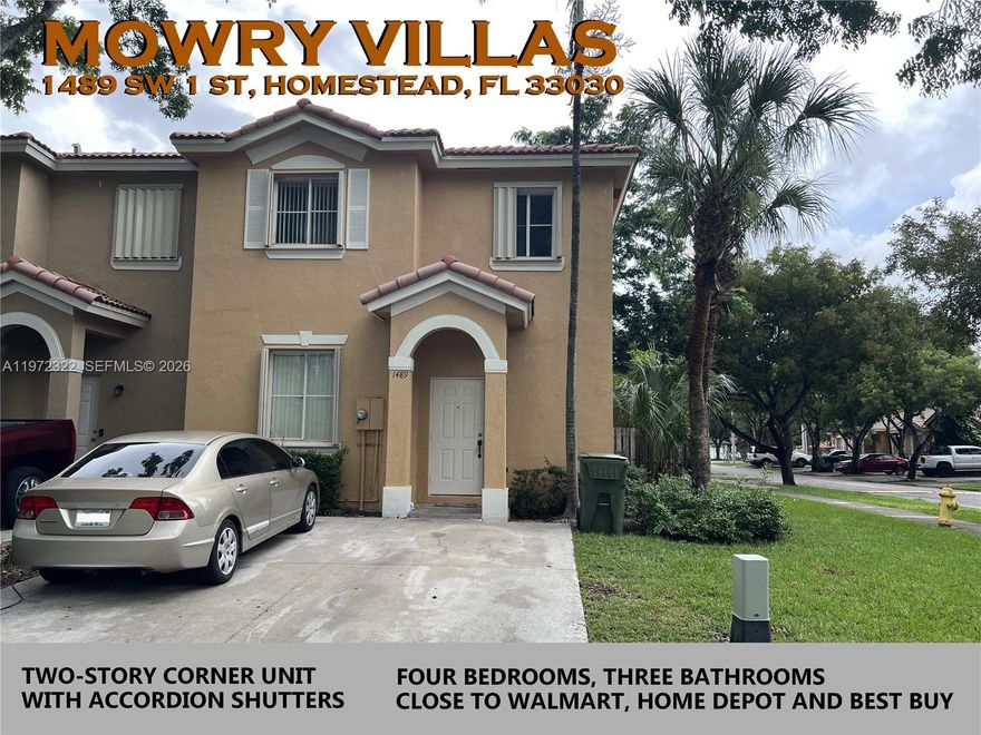 *** THIS UNIT IS PART OF A SIX-UNIT PORTFOLIO FOR SALE IN MOWRY VILLAS. THE UNITS ARE TO BE SOLD TOGETHER TO ONE BUYER. SEE THE ATTACHMENT FOR DETAILS. *** FIND THE YOUTUBE VIDEO TOUR WITH THE MLS NUMBER. ***   PROPERTY IS RENTED WITH A GOOD TENANT. *** WELCOME HOME TO THIS STUNNING TWO-STORY CORNER TOWNHOUSE, OFFERING THE PERFECT BLEND OF COMFORT, STYLE, AND FUNCTIONALITY. A ELEGANT FOYER WITH DECORATIVE TILE FLOORING GREETS YOU AT THE ENTRY AND FLOWS SEAMLESSLY INTO THE INVITING LIVING ROOM, WITH A STAIRCASE LEADING TO THE UPPER LEVEL. THE DINING ROOM SITS TOWARD THE REAR OF THE HOME, OPENING BEAUTIFULLY TO A BRIGHT KITCHEN FEATURING CRISP WHITE CABINETRY, A SIDE-BY-SIDE REFRIGERATOR, DISHWASHER, STAINLESS STEEL RANGE, AND A CONVENIENT LAUNDRY CLOSET WITH A STACKED WASHER AND DRYER UNIT. THE MAIN LEVEL ALSO OFFERS A PRIVATE GUEST BEDROOM AND FULL BATHROOM, PERFECT FOR VISITORS OR A HOME OFFICE. UPSTAIRS, THE SPACIOUS MASTER SUITE IS POSITIONED AT THE FRONT OF THE HOME AND BOASTS ITS OWN PRIVATE EN-SUITE BATHROOM, WHILE TWO ADDITIONAL BEDROOMS AT THE REAR SHARE A WELL-APPOINTED HALLWAY BATHROOM. ALL WINDOWS ARE EQUIPPED WITH ACCORDION HURRICANE SHUTTERS FOR YEAR-ROUND PEACE OF MIND, AND THE EXPANSIVE PRIVATE BACK PATIO — ENCLOSED BY A FENCED BACKYARD — IS PERFECT FOR RELAXING AND ENTERTAINING. THIS RARE CORNER TOWNHOUSE IS A TRUE GEM AND AN EXCEPTIONAL OPPORTUNITY NOT TO BE MISSED!