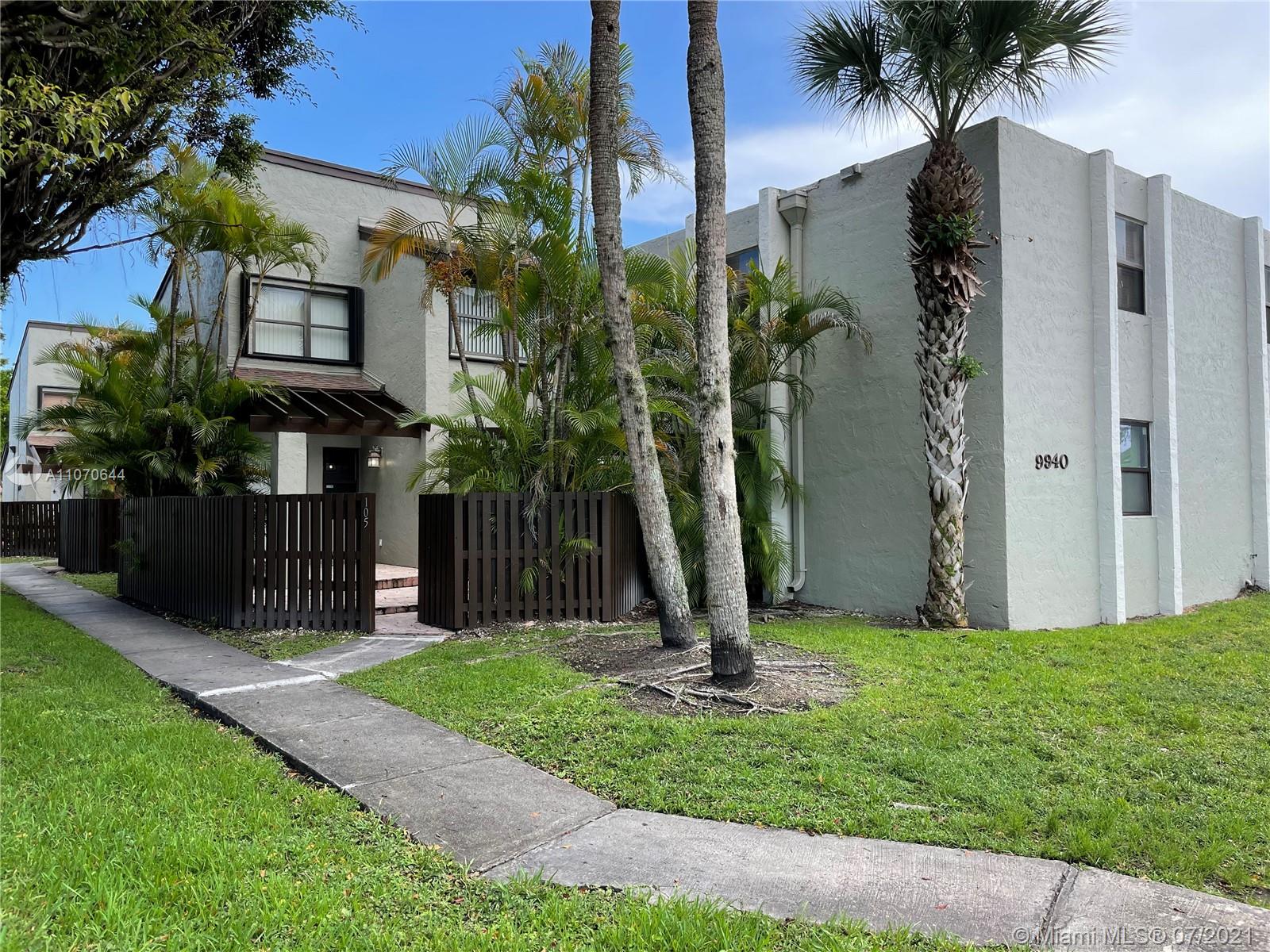 Great 2 bed/2 bath garden-style condo, corner unit; all tile, washer/dryer inside. The property has a Spectacular size front terrace with pergola and garden space, large living room with utility/storage closet, separate dining area with sliding glass door connecting with terrace, and a full kitchen with new appliances. Centrally located, near to all major highways; Miami International and Dolphin Malls; FIU and MIA. Adjacent parking space assigned. NO GATED