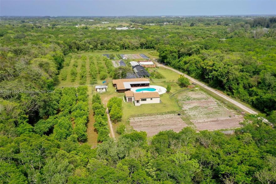 LOCATION! Looking for something unlike any other property in the Redland area? This unique gem is surrounded by state owned land known as Castellow Hammock Preserve. No neighbors, no developers. A secluded oasis on 5 acres w/ 2 dwellings. Front 2.5 acres host the primary 1,381 sq ft 1/1 built 1953 and the guest house 2,133 sq ft 3/2.5 built 2000 w/ attached oversized office (which could be a fourth bedroom). 18'X40' pool that is 9' deep. New: roofs, 3 new A/C units, new hot water heaters, primary completely replumed, new pool pump, fresh paint. Concrete outbuilding for additional storage. Rear 2.5 acres has a private entrance and leased to 2 organic farmers. Ag Exempt with irrigation, nursery hoop house. RV hook-up. Endless potential for this Must See!