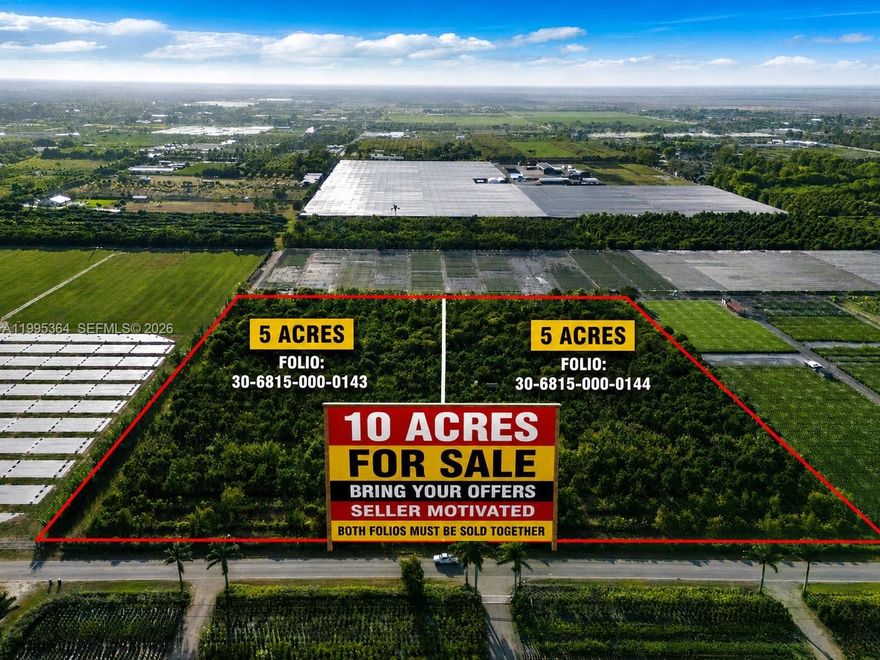 Prime 10-acre Redland agricultural opportunity (Folios: 30-6815-000-0143 & 30-6815-000-0144). Both parcels
must be sold together. West of Krome Ave with excellent paved road access near major thoroughfares. Situated in
one of Redland’s most desirable agricultural pockets known for deep, nutrient-rich soil, open skies and a thriving
farming culture. Productive avocado grove featuring various avocado varieties along with banana, papaya, and
mango trees. Property includes sprinkler irrigation, two wells and a Detroit diesel pump. Zoned AU Agricultural
with potential for one estate home per 5 acres (possible two estate homes). Ideal for nursery operations, tropical
fruit production, agribusiness or a private agricultural estate.