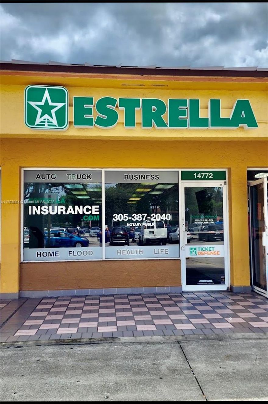 PRESENTING A PROFITABLE INSURANCE BUSINESS OF A RECOGNIZED INSURANCE COMPANY FRANCHISE LOCATION, ESTRELLA INSURANCE. FRANCHISE AGREEMENT IN PLACE AT THE EXISTING LOCATION. ASSET SALE OF ALL CURRENT ACTIVE ACCOUNTS, PLUS INVENTORY. LONG-TERM LEASE, FOMIDABLE LOCATION WITH HIGH TRAFFIC AND GOOD NEIGHBORHOOD IN THE WEST DADE MILLER ROAD / KENDALL RESIDENTIAL AND COMMERCIAL AREA.
