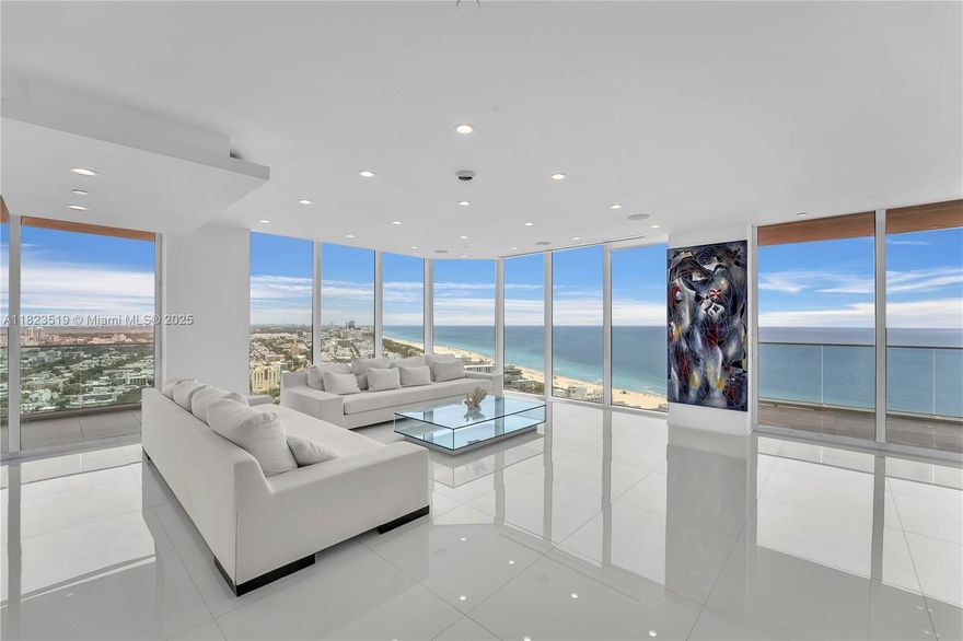 Sky Mansion Above South Beach 34th Floor
Commanding the full private wing this 4,723 SF sky residence offers unparalleled privacy, scale, and panoramic 270° views. Floor-to-ceiling glass frames the Ocean, Bay, downtown skyline, and Park, all from 4 balconies.
Step from your private elevator into artfully reimagined interiors: an open-concept living space flows into a Bulthaup chef’s kitchen with waterfall island, custom cabinetry, and premium appliances.
Features 2 oversized primary suites, designer baths, and no shared walls—a rarity even among penthouses. Enjoy full access to Portofino Tower’s $60M renovation, including a soaring new lobby, resort pool, spa, and gym.
Experience peace, prestige, and privacy from a South of Fifth location just steps from the beach and worldclass dining