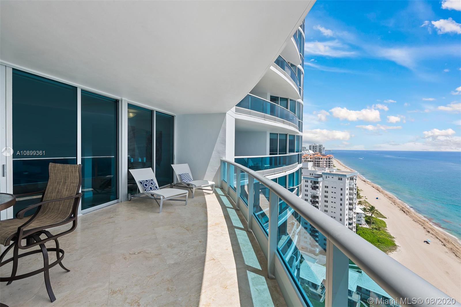 This turnkey 3 bedroom, oceanfront getaway occupies an unparalleled parcel of the sky and boasts breathtaking panoramic views of the ocean and Intracoastal. Located in coveted Lauderdale By The Sea and perched just shy of the lower penthouse, the luxurious light-filled retreat comes complemented with its own private elevator and is perfectly positioned for elevated living at its finest. Unequivocally picturesque with a flow-through floor plan and exquisite finishes throughout, the meticulously maintained home delivers supreme comfort with gracious rooms, Miele/Sub-Zero appliances, new a/c, new water heater, new washer/dryer, surround sound, three stunning terraces, and access to resort-quality amenities including a fitness center, private beach access, and more.