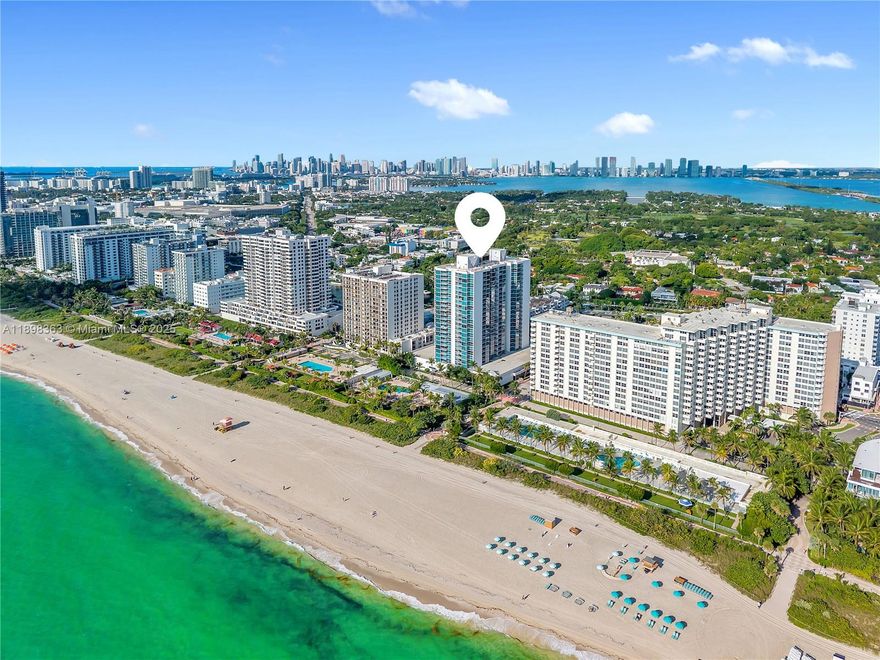 Corner 2 bed + den, 2 bath residence in an oceanfront building in Miami Beach. The floor plan offers exceptional privacy with a split-bedroom layout and a den with window and natural light—ideal as a home office or guest space. A bright living/dining area opens to a terrace showcasing the Miami skyline, Indian Creek waterway, and city lights by night. The kitchen sits at the center of the home and invites full renovation to unlock its potential. Tile floors throughout, generous closets, and a welcoming foyer add comfort and flexibility. Oceanfront pool, gym, 24-hour security. Minimum rental 90 days permitted—an excellent option for investors or end-users seeking flexibility.