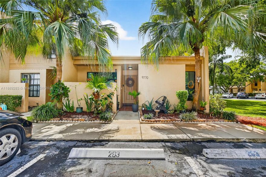 Welcome to this desirable 1 story, corner unit with 2 bedrooms and 2 bathrooms. This unit offers a bright and open layout with the convenience of 2 parking spaces right outside your door. High ceilings and open floor plan with an enclosed private patio. Recent upgrades include newer roof and 5-rated impact windows for peace of mind. HOA covers lawn care, exterior paint, pool, racquet court, and dog park, no assessments. Community is pet friendly. Please read broker remarks for showings.