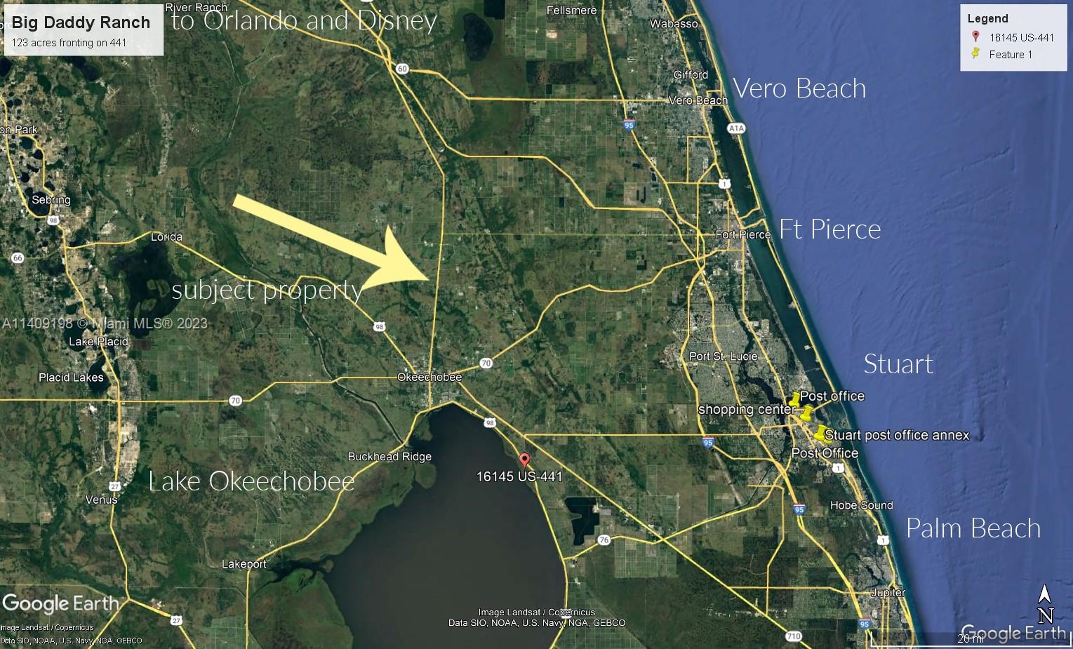 Incredible opportunity to own this ranch of 123 acres. Located about 9 miles north of Okeechobee Florida on Highway 441. The property has over 1000 feet of frontage on 441 directly across the highway from the Okeechobee Fire Department. Utilities to site. About 2 hours to Miami and Orlando with a shorter drive to Stuart and the east coast beaches. Prior to rezoning to reduce taxes, the front 15 acres was commercial use with approved residential on the remaining 105 acres. 12 acres of woods frame the Otter Creek stream that intersects the property about 1/3 in. Currently primarily used for cattle grazing, this property was used to feed elephants at Disney. Would make a great family compound, revive the commercial zoning and develop as needed. RV park? ranch, farm, homestead.