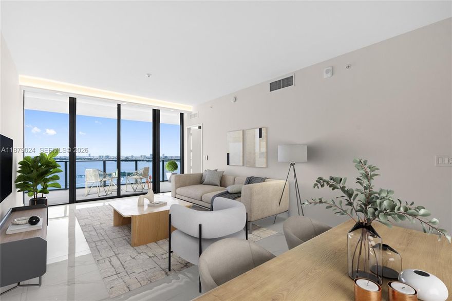 LUXURY WATERFRONT at Aria Reserve Miami #2402. This STUNNING 2-Bedroom + DEN (perfect for an office), 3-FULL Bath flow-through Residence, has panoramic Biscayne Bay & Miami Skyline VIEWS from Floor-to-ceiling Windows and Expansive Private terrace. Features PRIVATE elevator, Sleek modern finishes, NEW LIGHTNING IN ALL UNIT, NEW BUILT-IN CLOSETS CABINETRY with EXTRA LIGHTENING, ELECTRIC SHADES and extra BLACK OUT in bedrooms, Glass-enclosed showers, and a sophisticated OPEN KITCHEN with Premium Appliances. Enjoy 2+Acres of World-class Amenities: TWO pools with Cabanas, State-of-the-art fitness & Spa, Jacuzzi, Tennis & Pickleball courts, Co-working lounges, Party & Kids playroom, Dog park, and 24/7 concierge. Ideally located in Edgewater, minutes from Design District, Brickell & Miami Beach.