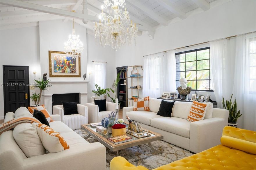 Exquisitely & completely renovated with no expense spared, this historically significant 1934 Mediterranean Revival by Carlos Schoppel offers gorgeous interior design & tasteful luxury on an oversized lot. The home’s elegant interiors feature soaring wood-beamed ceilings & grand entertaining spaces filled with natural light. Chef’s kitchen includes top-tier appliances, marble waterfall island, copper sink, and butler’s pantry with additional appliances. The first floor offers a sophisticated foyer entry, formal living & dining rooms, media room, & bedroom; upstairs holds 3 spacious bedrooms. Includes guest house, 2-car garage, impact windows & doors, & new roof. Expansion plans for a 1,000 SF primary suite & pool transfer to buyer. A rare blend of history and luxury in prime Miami Beach.