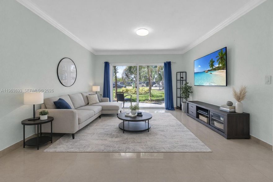 Reduced for a quick sale! Discover this charming 1-bedroom, 1-bathroom garden-view condo on the first floor. It's in excellent condition! Currently rented for $1,900 per month, the tenants are eager to stay. You can also issue a 60-day notice to vacate and move in. The unit features impact-resistant doors and windows, as well as tile flooring. Conveniently located just minutes from major freeways, BJ's, Costco, Walmart, and more. Enjoy low association fees.