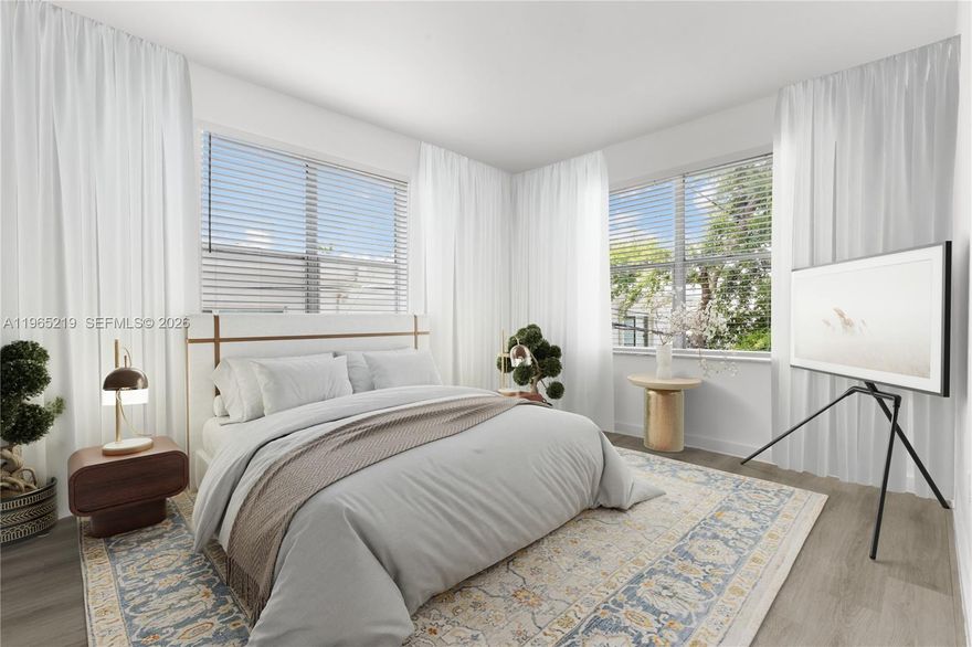 Beautifully renovated 2BD/2BA corner unit in the heart of South Beach. Nearly 1,000 sq. ft. of light-filled living space featuring a brand-new kitchen, updated bathrooms, and modern laminate floors. No one has lived in the unit since its renovation. The split floor plan provides excellent separation between bedrooms and generous storage. Unoccupied and easy to show anytime. Please note: furnishings shown are digitally staged. Be sure to watch the video for a full walkthrough and a true feel for the space.