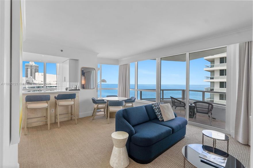 Spectacular seldom on the market, 1 bed/2 bath unit at Fontainebleau II, with direct ocean, bay, and hotel pool ground views. Experience vacation-style living with full-service amenities in this furnished turnkey unit offering a full kitchen, king bed, sleeper sofa, 2 balconies, washer/dryer, and additional comforts. Enroll in hotel rental program & receive income while away! The Fontainebleau resort offers award-winning restaurants, LIV night club, Lapis spa & state-of-the-art fitness center, bakery, shops, full-service salon and more. Maintenance fees includes all utilities: AC, internet, cable, electricity, valet + daily free breakfast in owner's lounge. Please click the virtual tour link to see video of property.
