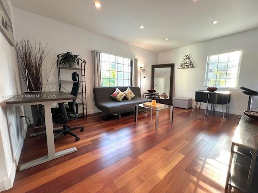 Available Now. Beautifully FURNISHED, Corner top floor, bright one bedroom unit, located in a charming Mediterranean style building in the heart of the historic residential neighborhood of South Beach. Only 10 minutes walk to the beach. The unit features gorgeous Brazilian Bamboo floors throughout. Kitchen equipped with granite counter tops, stainless steel appliances, dishwasher, gas range, over the range Microwave, & Refrigerator. Custom designed built-in Bar and a full size Washer & Dryer. Unit is located within walking distance from the Beach, supermarkets, shops, meridian Park, and much more.