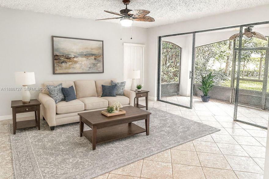 Beautiful first floor 2/2 with private entrance, lakefront condo located in the Guard-Gated Golf Community of Grand Palms in West Pembroke Pines. Upgraded kitchen and bathrooms, tile throughout, with a laundry room in the unit. Close to I-75, Shopping, restaurants, and movies. Rooms are virtually staged.