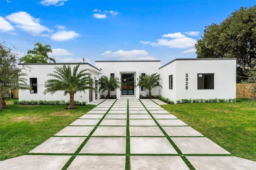 New Construction masterpiece features a single-floor layout with 5 bedrooms and 5 baths plus a cabana bath with an outdoor shower. Outdoor living with a covered pergola, summer kitchen, heated pool, and jacuzzi. Impact windows/doors, 8-foot tall interior doors, and large porcelain floors. Modern kitchen, gas range, and wine cooler, it's perfect for entertaining. The property also offers a modern concrete driveway and 2-car garage. Situated in South Miami, it's conveniently located near major expressways, UM, airports, schools, and hospitals. Just minutes from Pinecrest, downtown South Miami, Coral Gables, and the airport. Next to the Ludlam Trail, an abandoned Florida East Coast Railway corridor being transformed into a 5.6 mile uninterrupted linear park rail trail in Miami-Dade County.