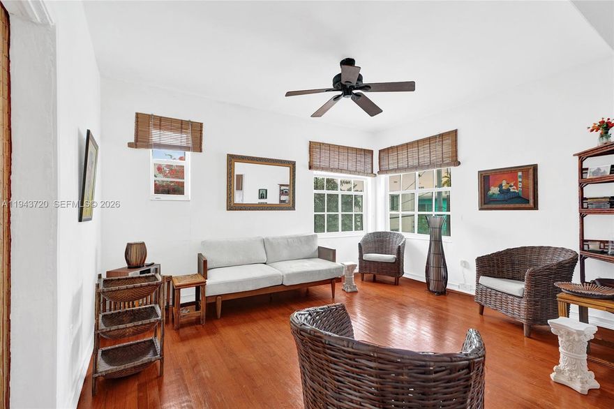 Rare Beach find in beautiful historic Art Deco Building.  2/2 apartment home steps to the beaches, Flamingo park and world renowned Ocean Drive.  This sun drenched corner apartment has it all - washer/dryer in unit, hardwood floors, two updated bathrooms with grey slate tile and glass shower doors, stainless steel appliances, new a/c units, tons of closet space,  Lovely courtyard with BBQ grill.  Turn key tropical furnishings remainng make this your vacation getaway or add to your rental portfolio.  Roof was replaced in building one year ago.  Your kind of beautiful.