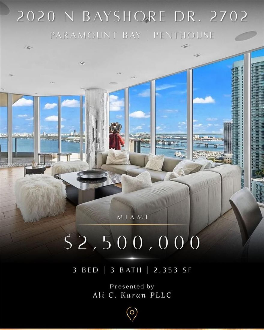 One of the most spectacular units in Paramount Bay, where no expense has been spared. This unique, flow-through furnished designer residence features 3 bedrooms, 3.5 bathrooms, and a den with unobstructed views of Biscayne Bay, the ocean, and the city. Approximately 2,353 sq. ft. of pure luxury and exquisite taste, including designer lounge lighting, electric shades, and top-quality millwork—just to name a few. This unit includes 4 parking spaces and 2 storage rooms (an estimated $200,000 value).

Paramount Bay is a resort-style building designed by Lenny Kravitz, offering private foyers and world-class amenities such as 24-hour security, front desk staff, two pools, a fitness center and spa, residents’ private club room, and spa services. Located in the heart of Edgewater.