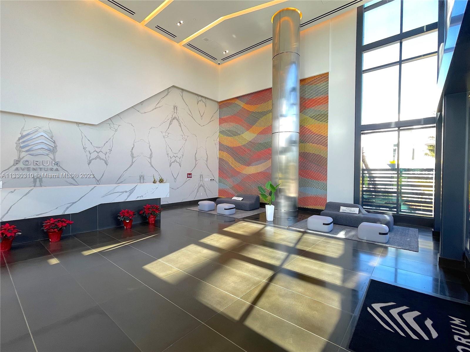 Office space at Forum Aventura. The unit includes gorgeous finished flooring and a high ceiling. The space features 2 private offices with huge windows throughout for plenty of natural light and 1 open space. Elegant lobby. A conference room on the top floor and indoor and outdoor lounge rooftop. Enjoy the amazing view. Best location! Close to Aventura Mall and restaurants. The building is next to the new train station, facilitating access from different places. Ideal space for a day of work with amenities to relax at the end of the day.