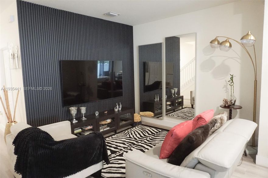 Brand new home with vinyl flooring and a modern kitchen featuring quartz countertops. Custom-built closets throughout. Offers 3 bedrooms, each with a private bathroom. Spacious and comfortable layout. Community amenities include two Clubhouses, a children’s water park, and top-rated schools nearby. Double blinds provide excellent natural light control. A must-see property.