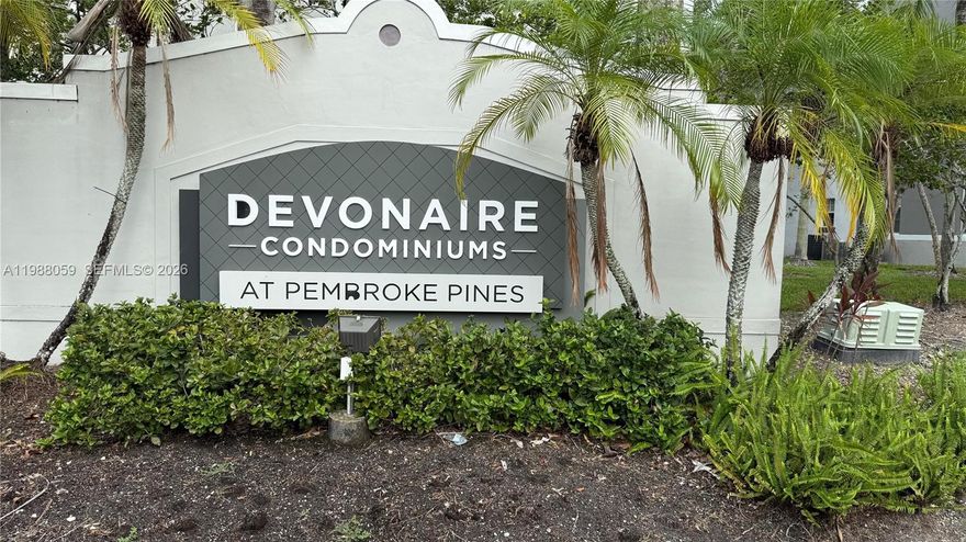Devonaire at Pembroke Pines! No rental restriction. This beautifully maintained 2-bedroom, 2-bath condo offers 1,058 sq ft of comfortable living space all on the ground floor. Spacious split-bedroom layout, tile floors throughout, walk-in closets, and in-unit washer/dryer. The kitchen features an eat-in area and overlooks the dining/living space. Relax on your private open balcony. Accordion shutters provide storm protection. Community amenities include a pool, clubhouse, children's play area, and security patrol. Located near shops, dining, schools, and major highways. 2 assigned parking spaces. No pets allowed. Association approval required. Perfect for investors – OK to lease! HOA fee includes water, cable, and exterior maintenance for easy living.