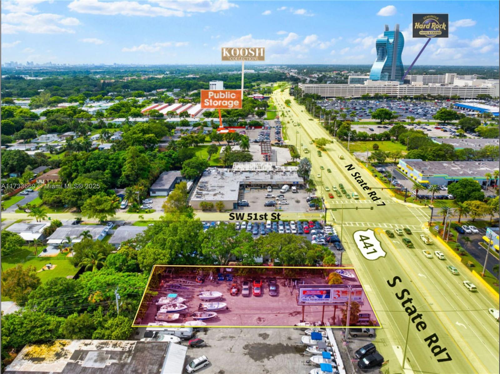 Compass Commercial presents a rare opportunity to acquire a 20,000 SF paved lot located across from the Hard Rock Hotel & Casino which attracts over 25-million visitors annually! Providing a high-visibility, high-traffic location ideal for a wide range of commercial uses. Conveniently situated with easy access to both I-95 and the Turnpike, ensuring strong accessibility and exposure to thousands of vehicles daily. Zoned N-MU, permitted uses include hotel, restaurants, bars, nightclubs, auto rentals, service stations, schools, and religious facilities. The site is currently leased on a month-to-month basis to a boat dealer and a billboard lease, offering immediate passive income while planning for future redevelopment. DO NOT disturb the current tenants. Showings are by appointment only.