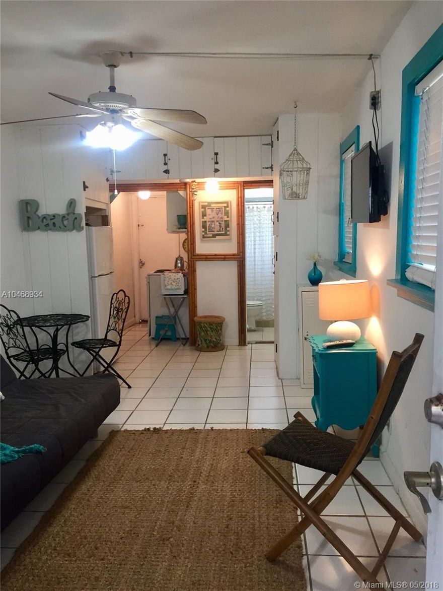 AVAILABLE JUNE 5TH. Super cute and cozy cottage 1/2 block from the beach. Beach entrance at 79th Street/Collins, where the boardwalk begins in the Altos Del Mar neighborhood. Studio is FULLY furnished, including all bed and bath linens and kitchen supplies. Excellent location with lots of street parking. Includes cable (Direct TV), high speed wireless Internet. Also includes Washer and Dryer starting in August, 2018.   Minimum 3-month lease. Bus and Trolley stop within steps.  Please note that Zillow and Trulia are misreporting the property size.  It is 250 SF *NOT* 2,000 SF!