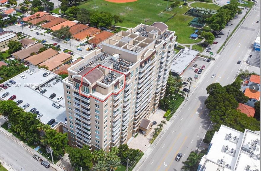 Exceptional penthouse at Davinci on Douglas! This rarely available 2 bed/2bath NE corner unit boasts stunning views of Coral Gables. Unique open living area layout with large outdoor terrace, porcelain flooring, volume ceilings, and floor-to-ceiling impact glass throughout. Updated kitchen with stainless steel appliances, granite countertops, and bartop seating. The primary bedroom features floor-to-ceiling windows with a private balcony, and the ensuite bathroom is equipped with a refreshing spa-style shower and luxury finishes. The unit interior, building lobby, and hallways are freshly painted. Secure boutique building with a 24-hour guard, garden pool, and gym. Near Douglas Park and downtown Coral Gables. Includes 2 covered parking spaces and a huge storage unit