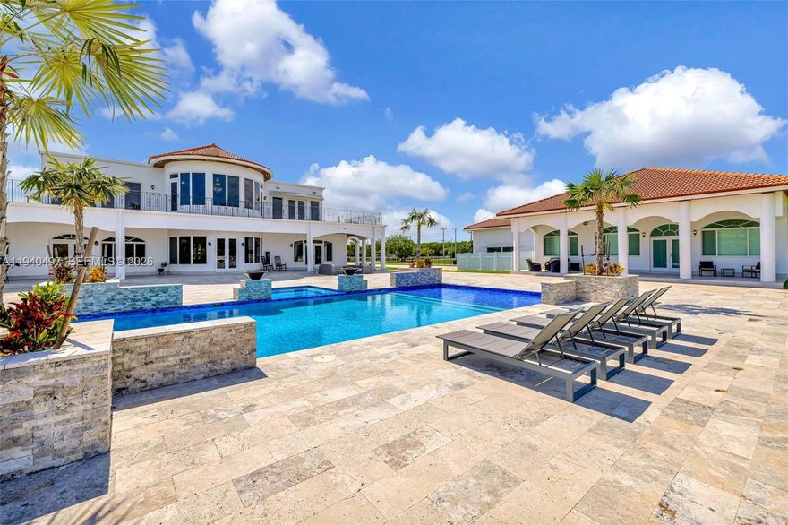 Discover this extraordinary private oasis located within Southwest Ranches. This modern estate sits on 2.5 acres and boasts 8 BEDS and 7.5 BATHS across the main residence and private guest house. Newly constructed in 2018, the residence has top of the line finishes including marble and wood flooring throughout. The gourmet kitchen is a chef’s dream and features Wolf and Sub-Zero appliances. Entertain effortlessly in the expansive and private outdoor area that includes a state-of-the-art pool, summer kitchen, and ample space for lounging and dining. The estate is secured by two private gates and includes a gorgeous porte-cochère and 6-car garage. All Impact Glass throughout. Brand new Turf rooftop. EV charger for your electric cars. No HOA.