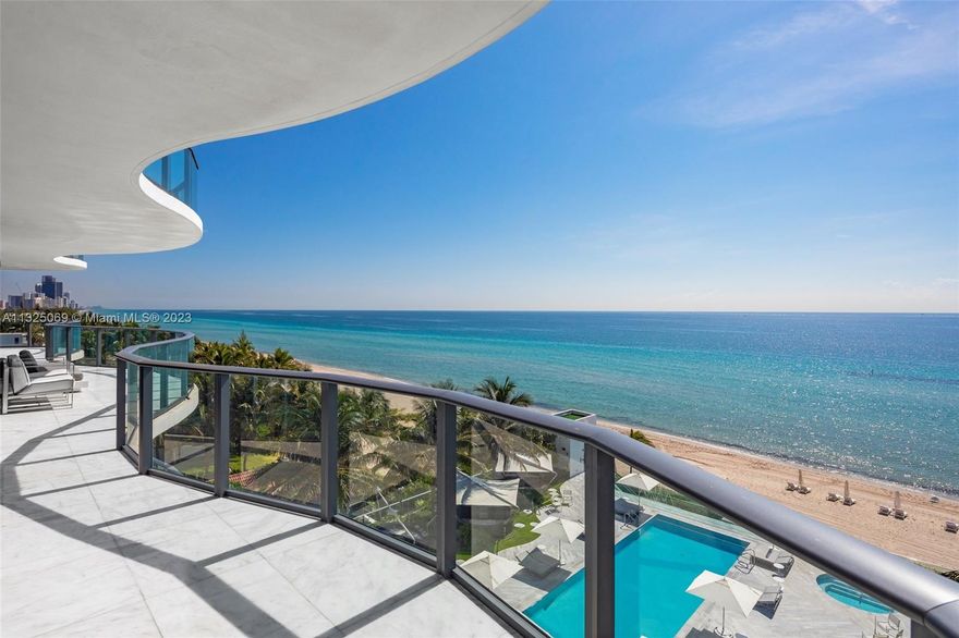 Regalia On The Ocean No. 6, featuring 360 degree unobstructed ocean views, 5,515 Sq Ft of luxury living space. 4 bedrooms, 5.5 bathrooms, 2,100 Sq Ft wrap around balcony. 10 ft ceilings, floor to ceiling windows, impeccable marble floors, fully integrated smart home, custom lighting throughout, automated shades throughout the residence. This exquisite, fully integrated smart home has an upgraded elevator landing area, wall coverings and doors to match the décor, and a glass mosaic wall in the powder room. Luxury amenities includes full service at beach/pool, private wine cellar, business center, state of the art gym/spa facilities & more!